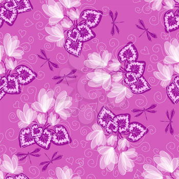 Seamless floral background with cyclamen and dragonfly