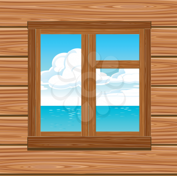 Wooden window with a beautiful seascape and clouds
