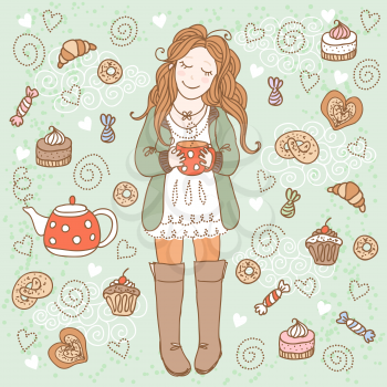 Girl with a cup of tea and many delicious sweets