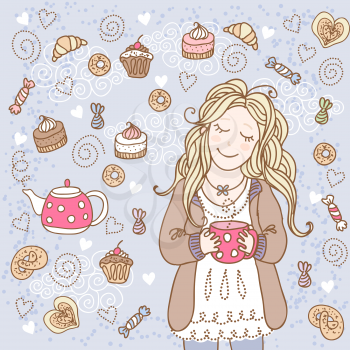 Girl with a cup of tea and many delicious sweets