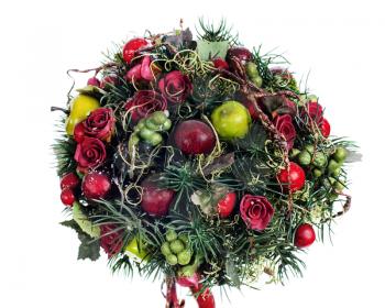 abstract composition from apples, balloons, roses and pine needles arrangement centerpiece isolated on white background