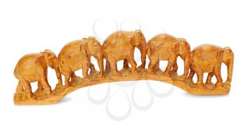 five wooden elephants walking together isolated on white background