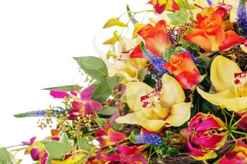 fragment of colorful floral bouquet of roses, cloves and orchids isolated on white background