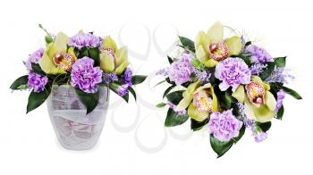 colorful floral bouquet of roses,cloves and orchids isolated on white background