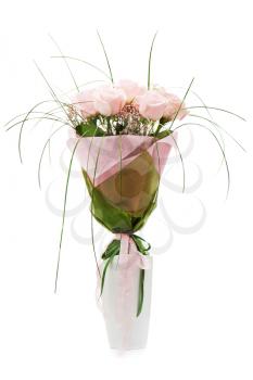 Colorful flower bouquet from pink roses in white vase isolated on white background.
