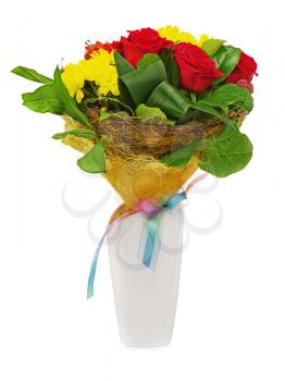 Colorful flower bouquet in white vase isolated on white background.