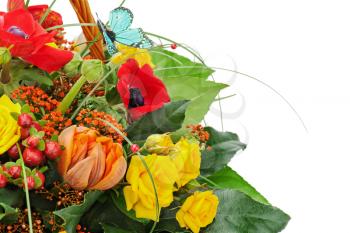 Fragment of colorful bouquet isolated on white background.