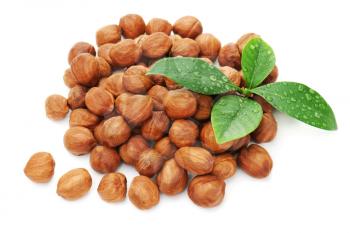 Heap of fresh shelled hazelnuts with green leaves isolated on white background. Closeup.