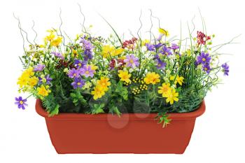 Composition of artificial garden flowers in decorative flowerpot isolated on white background.