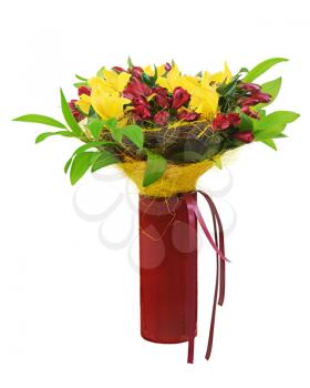 Colorful flower bouquet arrangement centerpiece in red vase isolated on white background. Closeup.