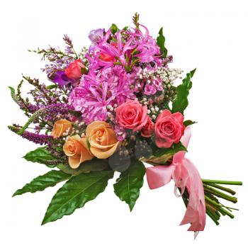 Floral bouquet of roses, lilies and orchids isolated on white background. Closeup.
