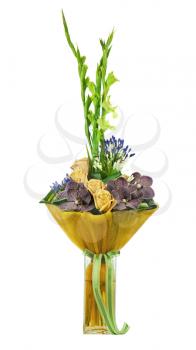 Floral bouquet of roses, gladiolus and orchids isolated on white background. Closeup.