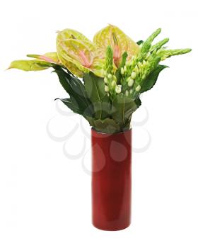 Bouquet from anturium flowers in red vase isolated on white background. Closeup.