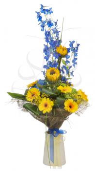 Floral bouquet of sunflowers and gerbera flowers  in vase isolated on white background.