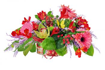 Floral arrangement from lilies, gerbera flowers and orchids in cardboard chest isolated on white. Closeup.

