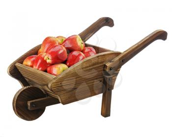 Red apples on wooden pushcart isolated on white background. Closeup.