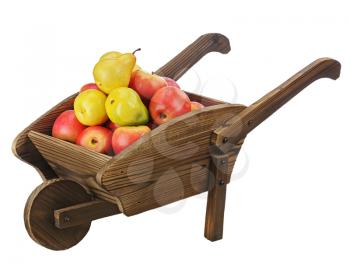Red apples and pears on wooden pushcart isolated on white background. Closeup.