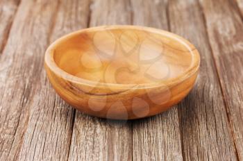 Empty bowl on old wooden surface. Closeup.