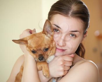 Happy girl with chihuahua dog in arms. Closeup.