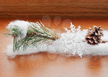 Christmas decoration on wooden background. Closeup.