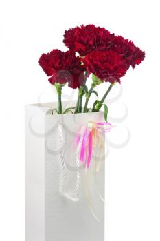 Gift Box and Bouquet from Carnations Flowers Isolated on White Background.