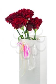 Gift Box and Bouquet from Carnations Flowers Isolated on White Background.