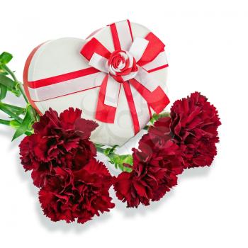 Gift Box in Shape of Heart and Bouquet from Carnations Flowers Isolated on White Background.