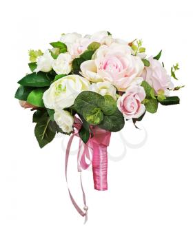 Beautiful wedding bouquet from white and pink roses isolated on white background.