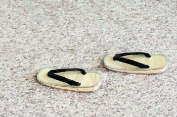Pair of Traditional Japanese Sandals on Carpet Floor. Selective Focus.