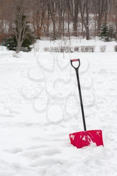 Red plastic shovel with black handle stuck in fluffy white snow.
