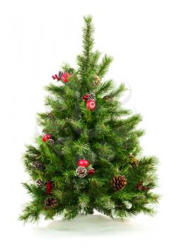 Green Decorated Christmas Tree Isolated on White Background. Closeup.