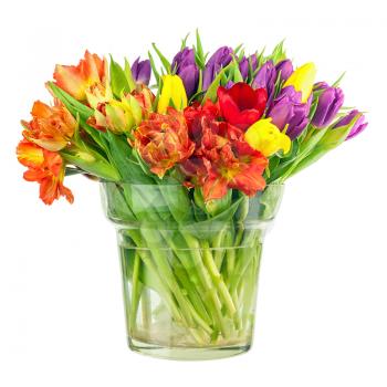 Flower bouquet from colorful tulips in glass vase isolated on white background.