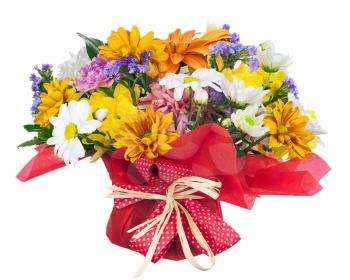 Beautiful bouquet of gerbera, carnations and other flowers in red  package isolated on white background.