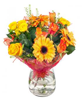 Beautiful bouquet of gerbera, roses and other flowers in glass vase isolated on white background.