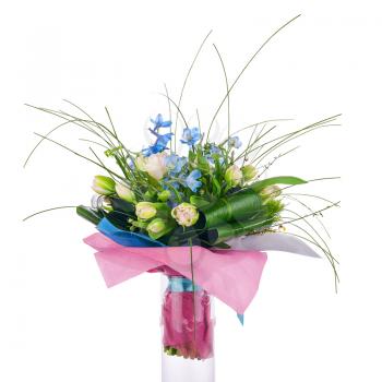 Flower bouquet from tulips, iris and other flowers arrangement centerpiece isolated on white background.