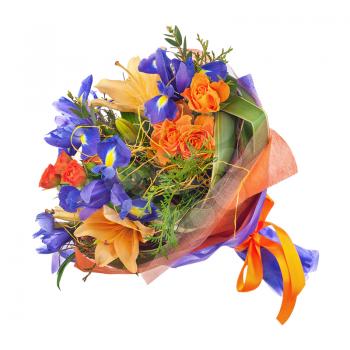 Flower bouquet from roses, lilies, iris  and other flowers isolated on white background.