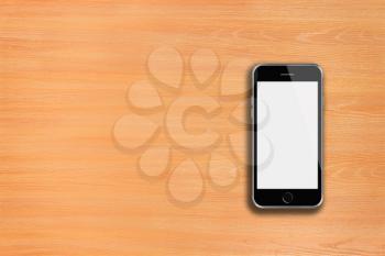 Mobile smart phone with white screen on wooden background. Highly detailed illustration.