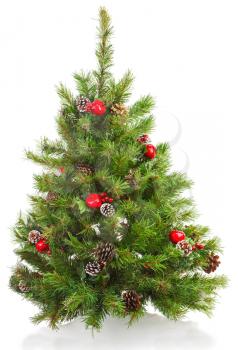 Christmas tree with decorations isolated on white background. 