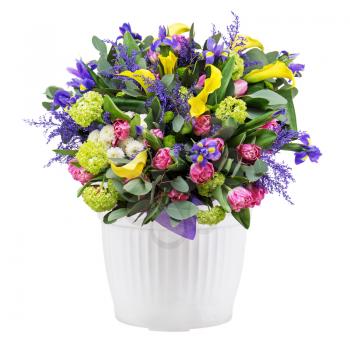 Beautiful bouquet of tulips, iris, alstroemeria, lilies and other flowers in vase isolated on white background. 