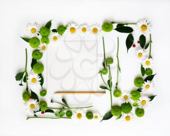 Paper and pencil with wreath frame from chamomile and chrysanthemum flowers, ficus leaves and ripe rowan on white background. Overhead view. Flat lay.
