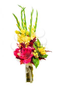 Colorful flower bouquet arrangement centerpiece from sunflowers, gladioluses and other flowers isolated on white background.
