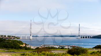 Longest cable-stayed bridge in the world in the Russian Vladivostok over the Eastern Bosphorus strait to the Russky Island. 