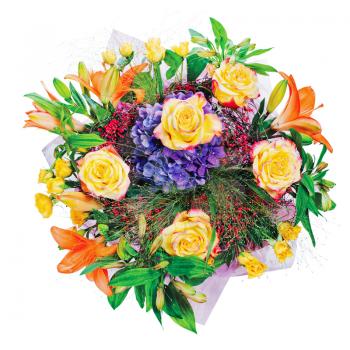 Colorful flower bouquet from roses and other flowewrs isolated on white background.