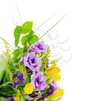 Fragment of colorful bouquet of roses, tulips and freesia isolated on white background.