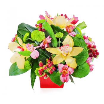 Colorful floral bouquet of roses, cloves and orchids arrangement centerpiece in vase isolated on white background.