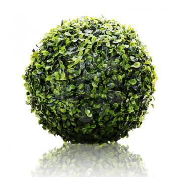 Green sphere from artificial grass with reflection isolated on white background.