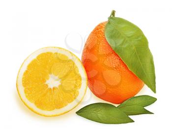 Fresh ripe orange fruits with cut and green leaves isolated on white background.