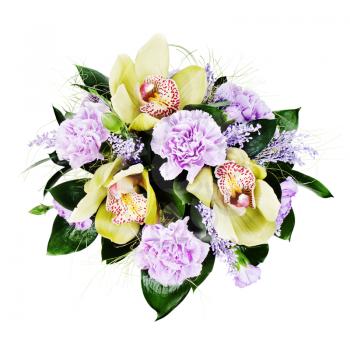 Colorful floral bouquet of roses, cloves and orchids isolated on white background.