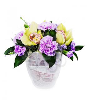 Colorful floral bouquet of roses,cloves and orchids arrangement centerpiece in glass vase isolated on white background.