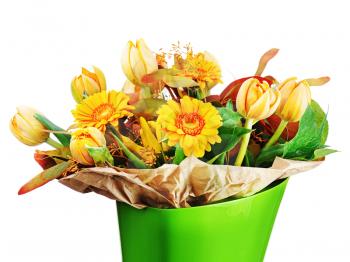 Colorful bouquet from tulips and gerbera flowers isolated on white background. Closeup.
